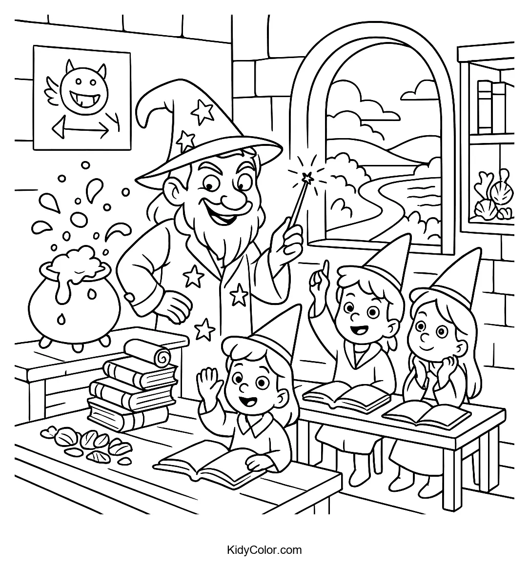 Wizard's classroom with books and potions