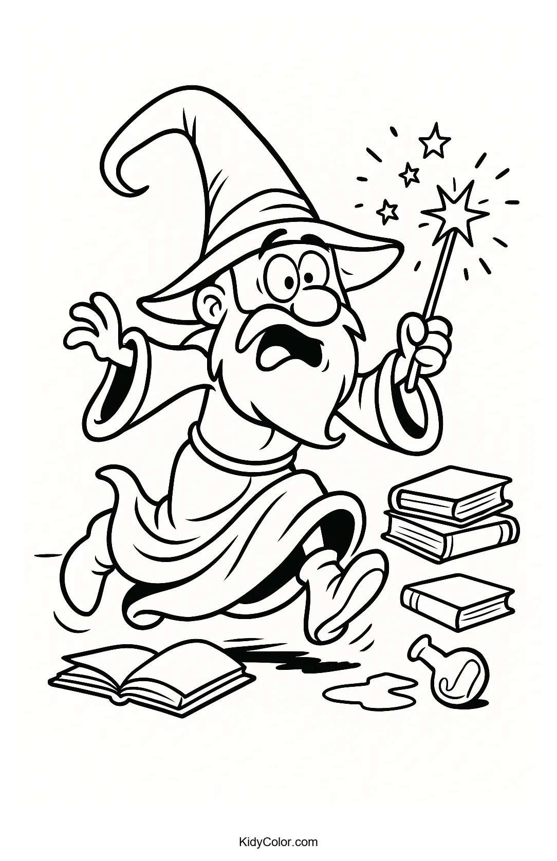 Coloring page of a cartoon wizard in a magical mishap.