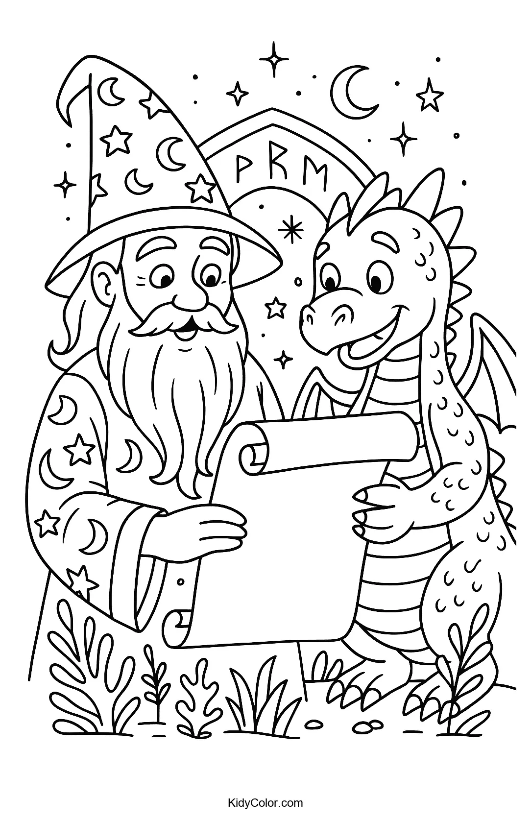 Wizard and dragon with a magic scroll coloring page