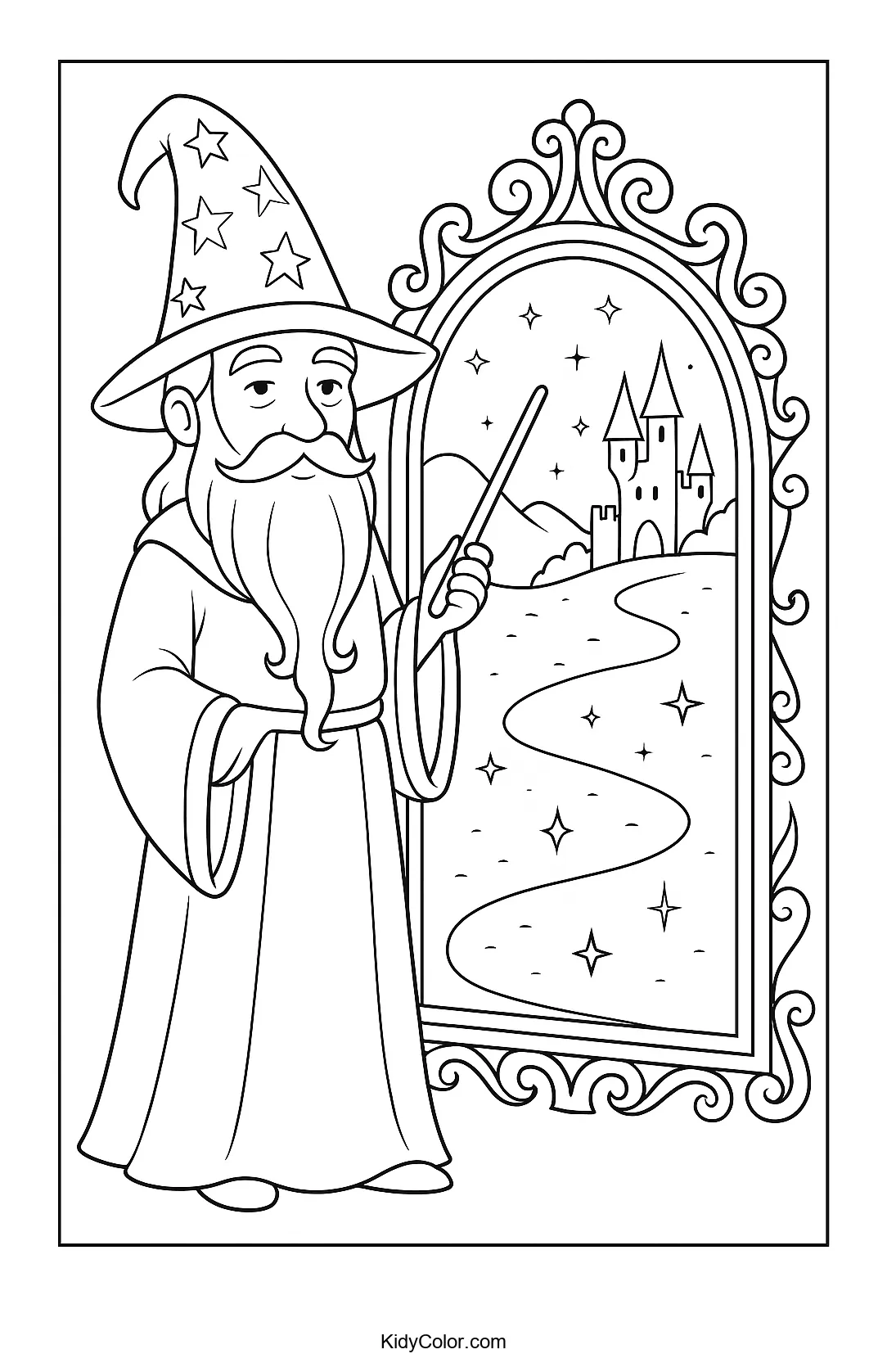 Coloring page of a wizard and a magic mirror