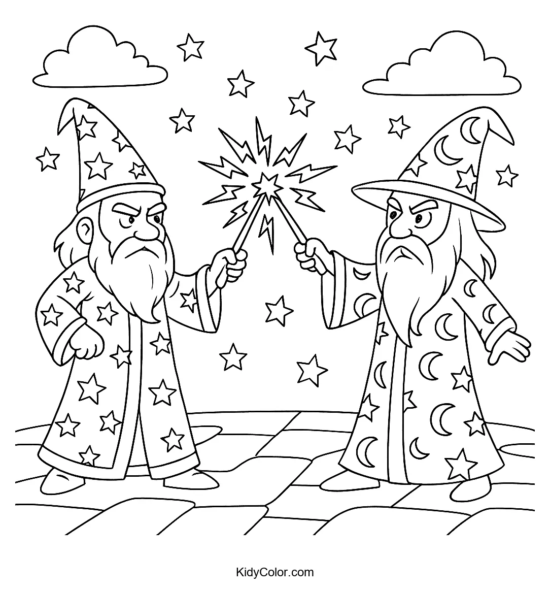 Wizard duel under starry sky coloring page