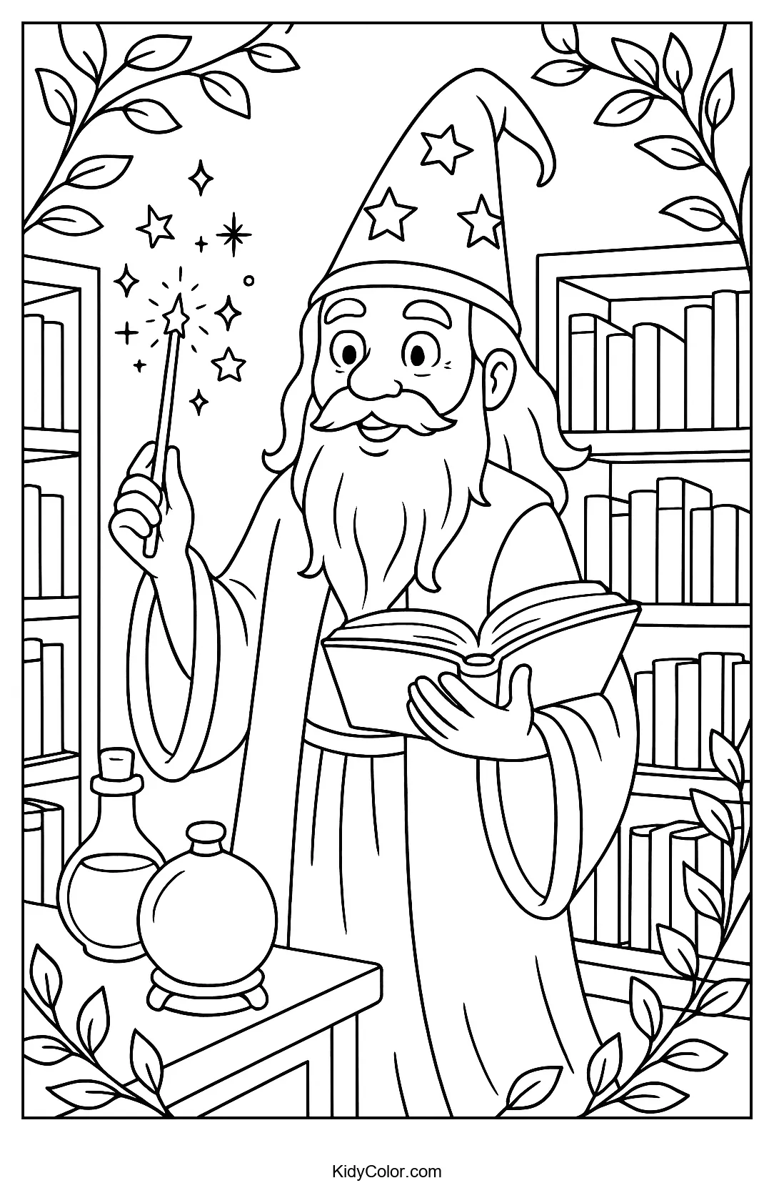 Wizard in an ancient library with books and scrolls