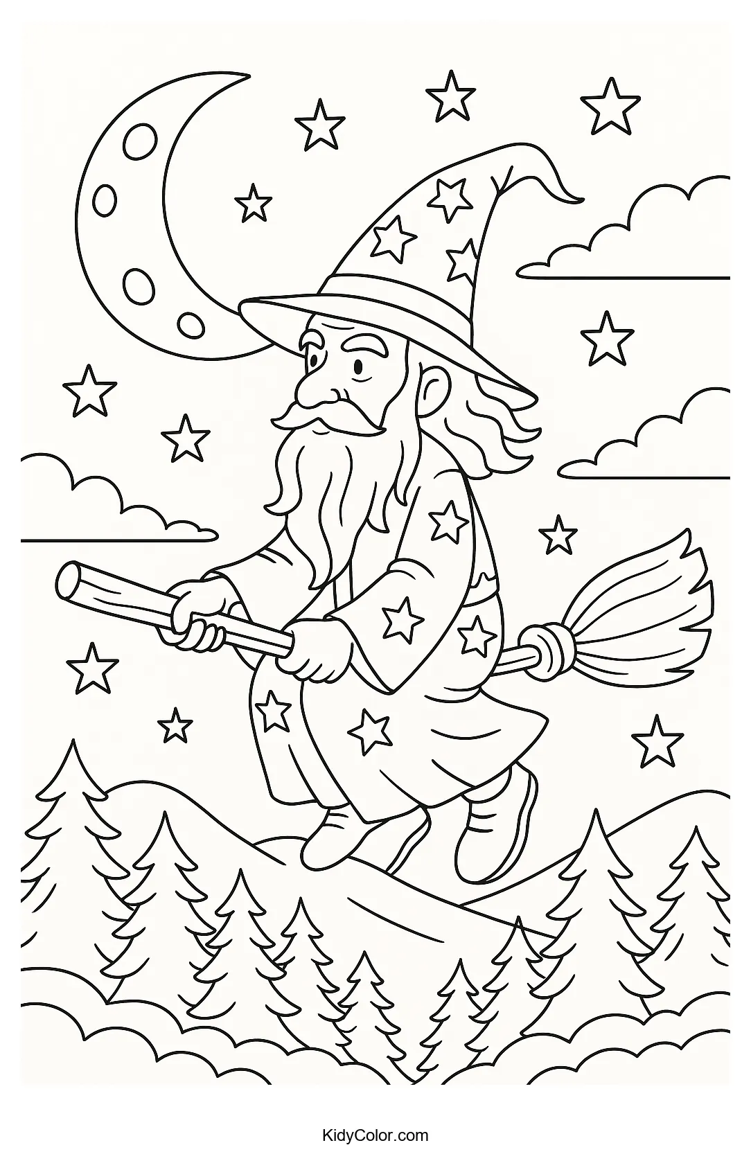 Wizard flying in front of the moon at night