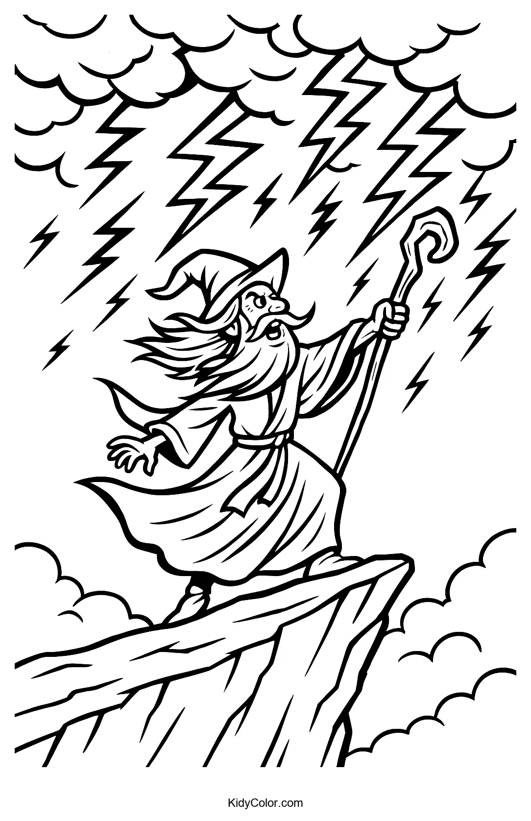 Wizard casting a storm spell coloring page
