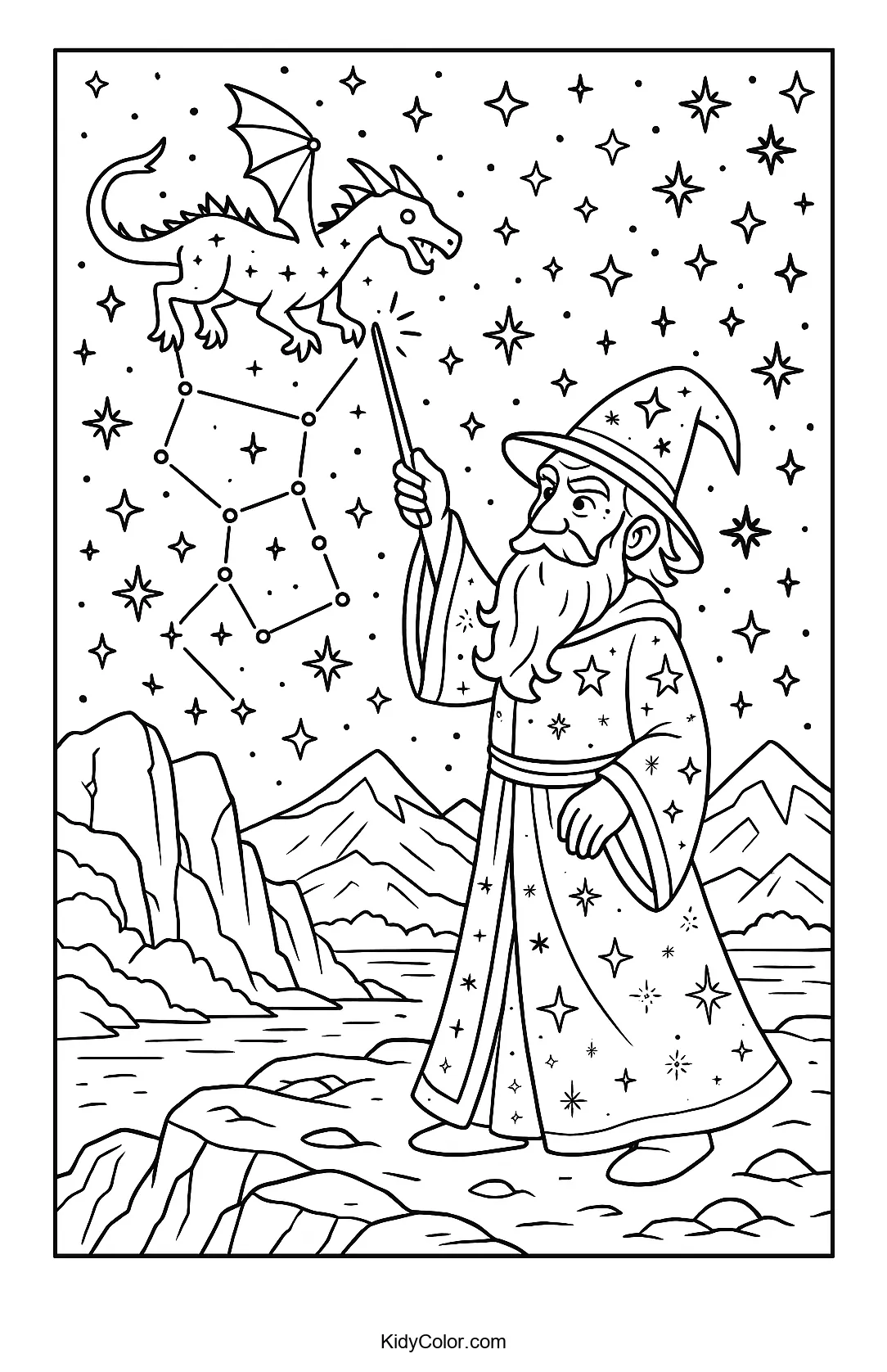 Wizard summoning a dragon constellation