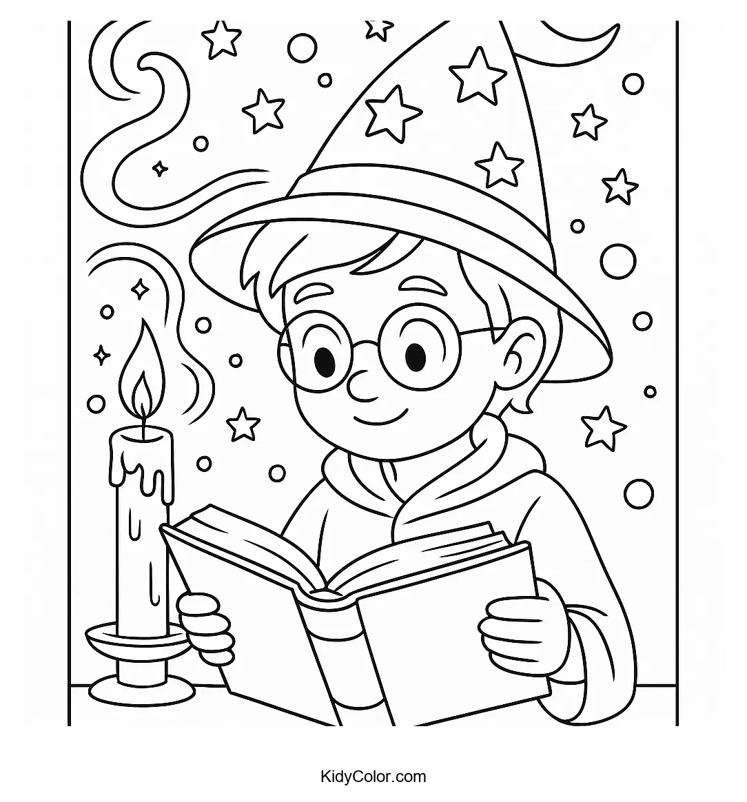 Coloring page of a young wizard with a spellbook and candle