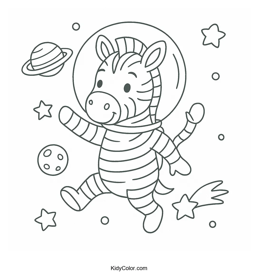 Coloring page of a zebra astronaut floating in space