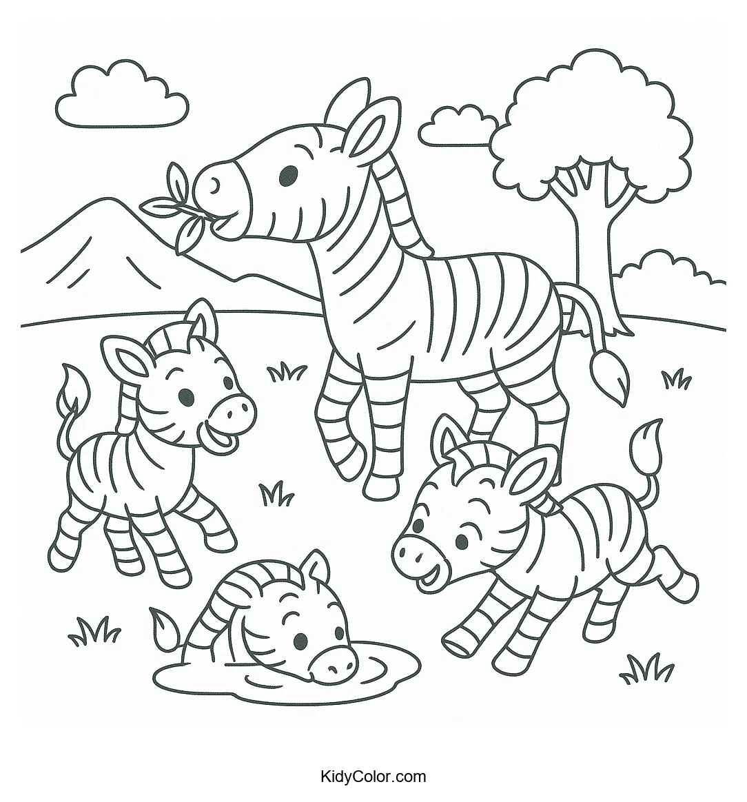 Zebra family in rolling hills coloring page