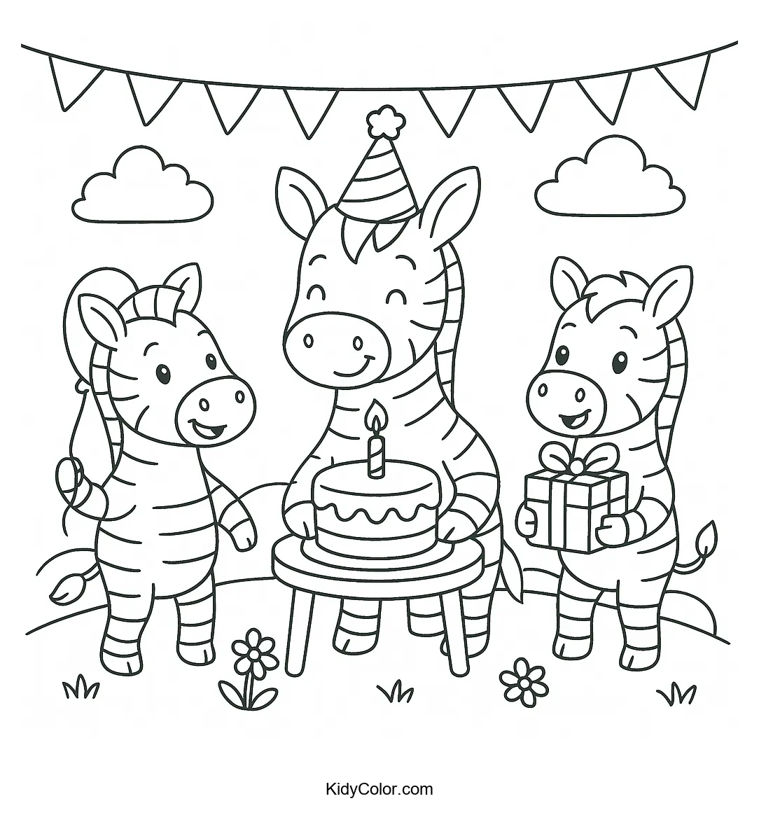 Zebra party celebration outdoors coloring page