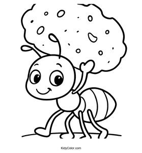 Cartoon Ant Carrying a Large Crumb Coloring Page