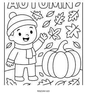 Fun Autumn Scene with Leaves and Pumpkin Coloring Page