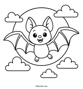 Color a Cartoon Bat Flying by a Full Moon