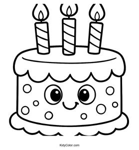 Fun Cartoon Birthday Cake Coloring Page for Kids