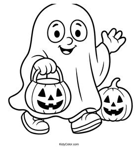 Fun Cartoon Ghost Trick-or-Treating Coloring Page