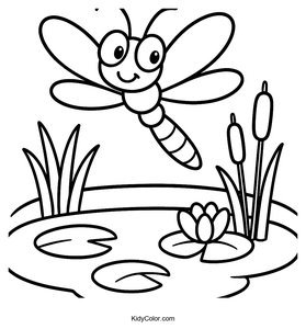 Fun Cartoon Dragonfly Over Pond Coloring Page