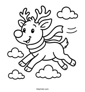 Flying Cartoon Reindeer with Red Nose Coloring Page
