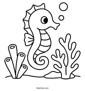 Cute Seahorse Coloring Page Near Coral for Kids
