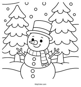Fun Winter Scene Coloring Page with Snowman and Trees