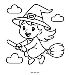 Fun Witch Flying on a Broomstick Coloring Page