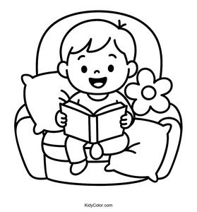 Happy Child Reading on a Soft Chair Coloring Page