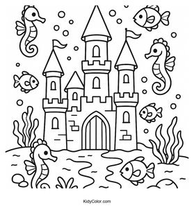 Majestic Underwater Castle Coloring Page for Kids