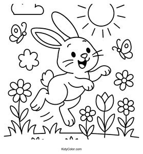 A Playful Rabbit Hopping Around Colorful Flowers And Butterf