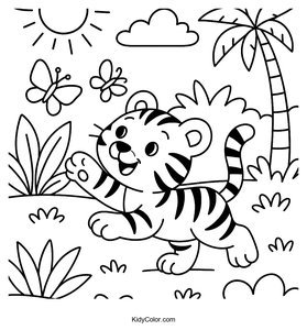 A Playful Tiger Cub Chasing Butterflies In A Sunny Jungle Cl