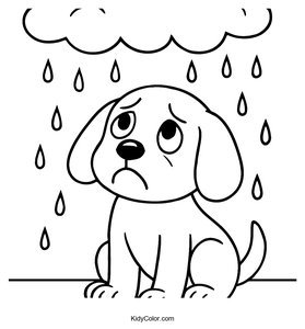 Sad Puppy Coloring Page for Kids Under Rainy Sky