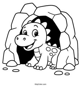 Smiling Dinosaur Peeking from Cave Coloring Page