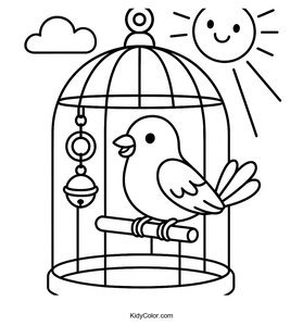 A Vibrant Canary In A Birdcage With Colorful Toys And Sunsh
