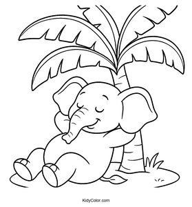 An Elephant Lounging In The Shade Of A Large Banana Tree Re