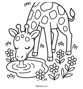 Giraffe Drinking Water From A Small Pond Surrounded By Flowe